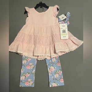 Rare Editions Pink Dress and Blue Floral Leggings Set